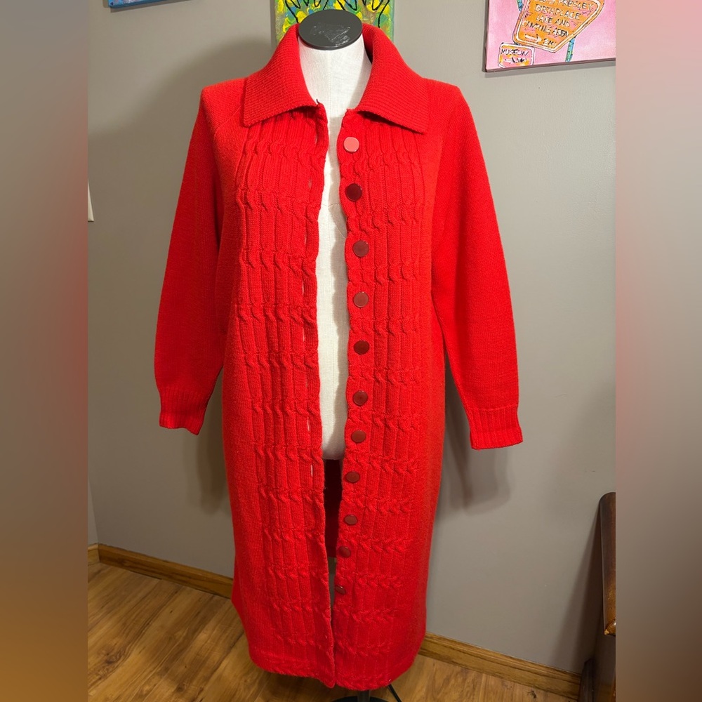 Vintage May Claire original Red Cable Knit Long Cardigan Sweater